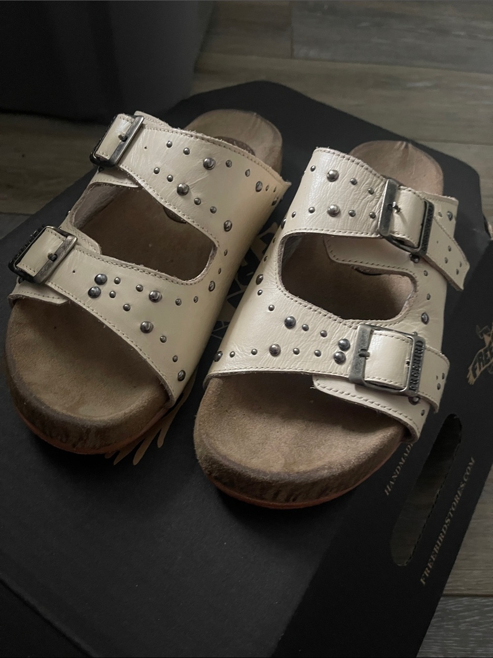freebird Cream Studded Double-Buckle Slide Sandals - never worn!!